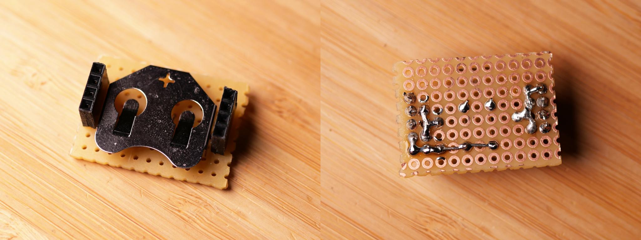 Front and back of the perfboard with the battery holder