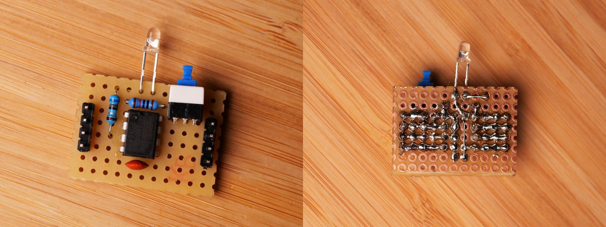 Front and back of the perfboard with the LED circuit